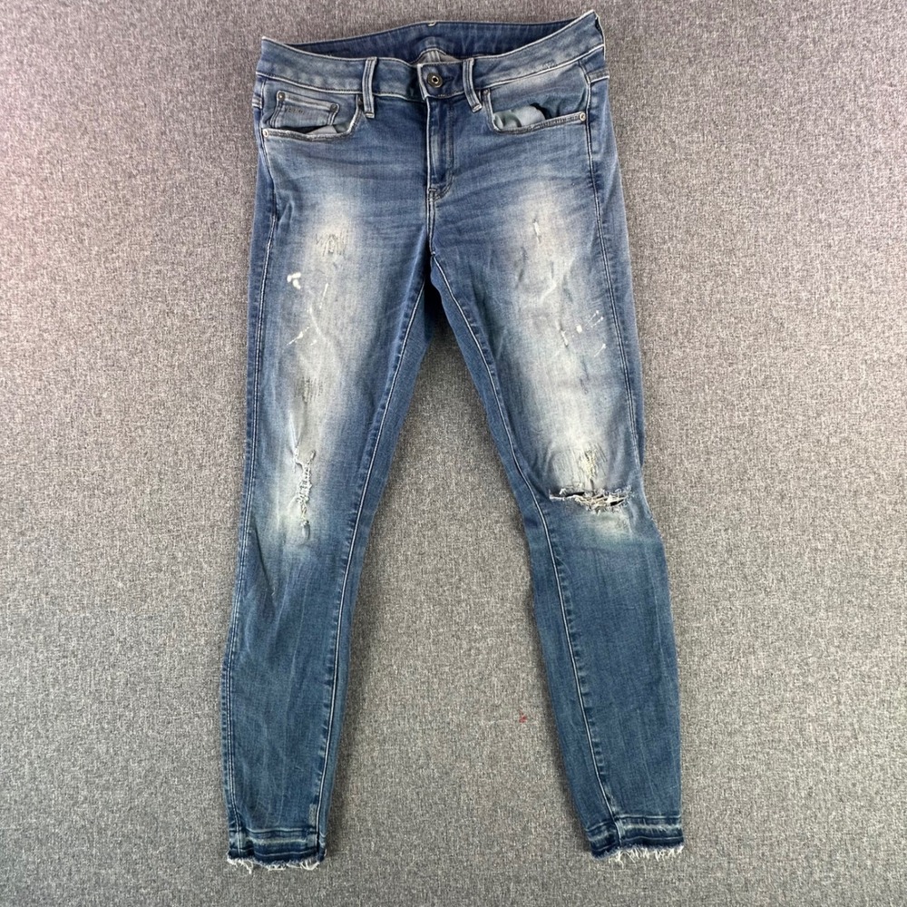 G-Star RAW Jeans Womens 29 3301 Mid Skinny RP Ankle Blue Distressed Paint Splat